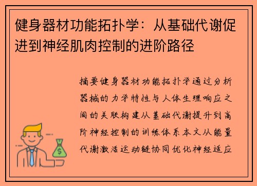 健身器材功能拓扑学：从基础代谢促进到神经肌肉控制的进阶路径